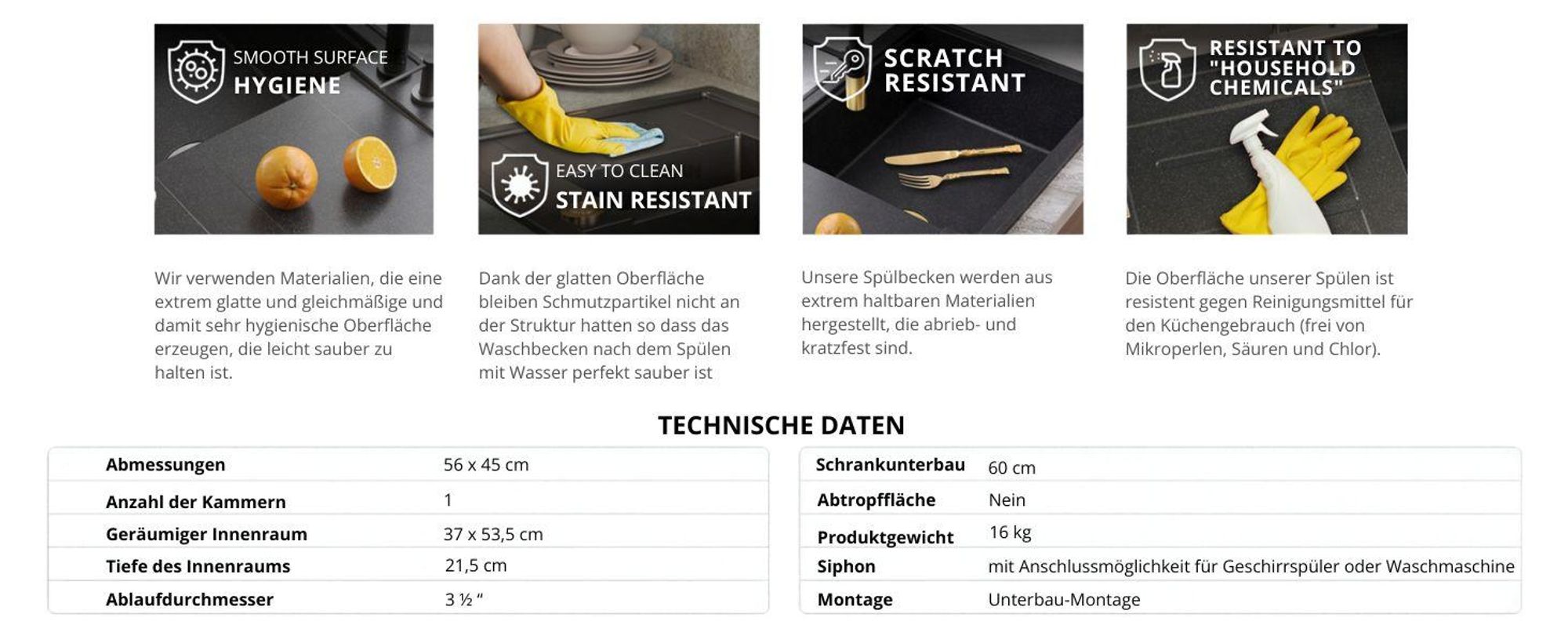 QUADRON Spülbecken 1-Becken Spüle | Größe: 59,5 x 45,1 x 21,5 cm | LOGAN 100 | Küchenspüle Granitspüle aus GraniteQ mit Siphon | Beige + Gold