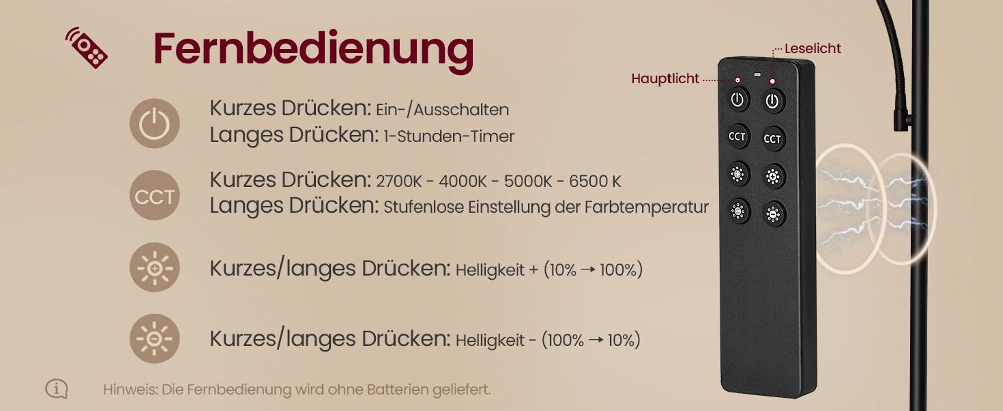 VASAGLE LED-Stehlampe höhenverstellbar, Standleuchte mit Leselampe, Timer, Schlafzimmer, Büro, Fernbedienung, schwarz