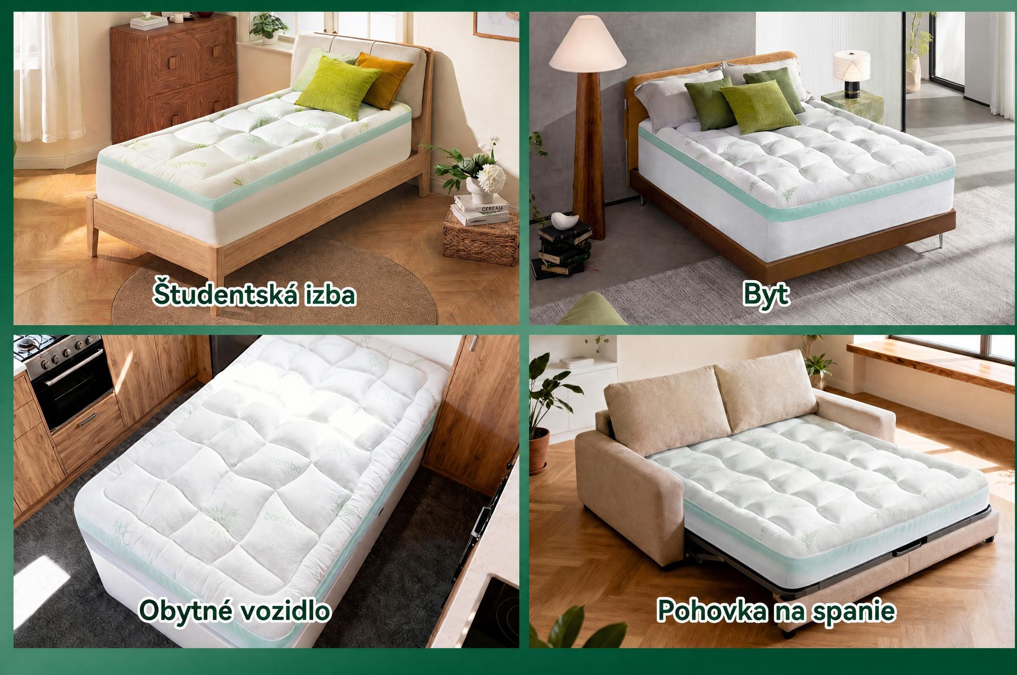 NicePlus, vrchná matrace 2 v 1, 90x200x7 cm, 5-zónová pamäťová pena + vrchná vrstva z bambusu, s rohovými gumičkami vhodná pre všetky matrace, tvrdosť H2/H3, zelená