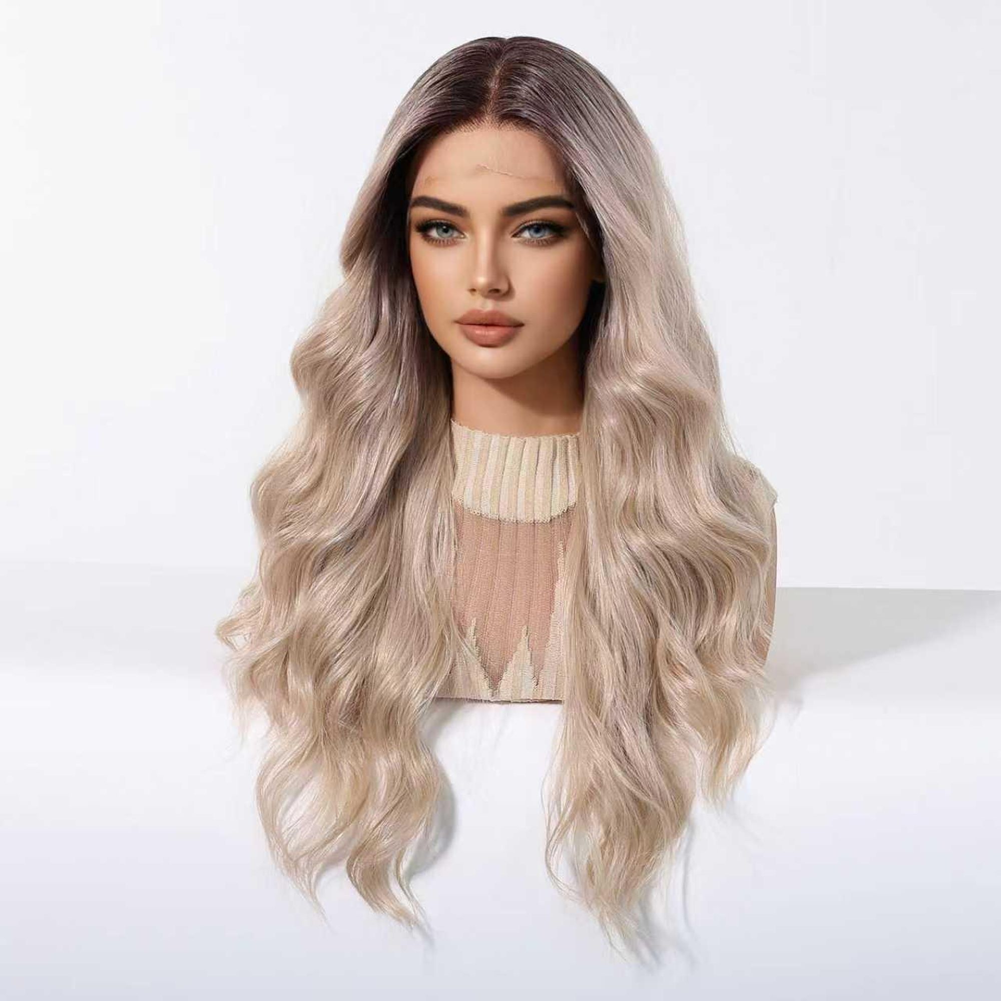 SassyGoods Luxus Blonde Perücke Aschblond Front Lace Wig – Damenperücke mit langem Haar – Haarersatz – Waschbar – 66 cm