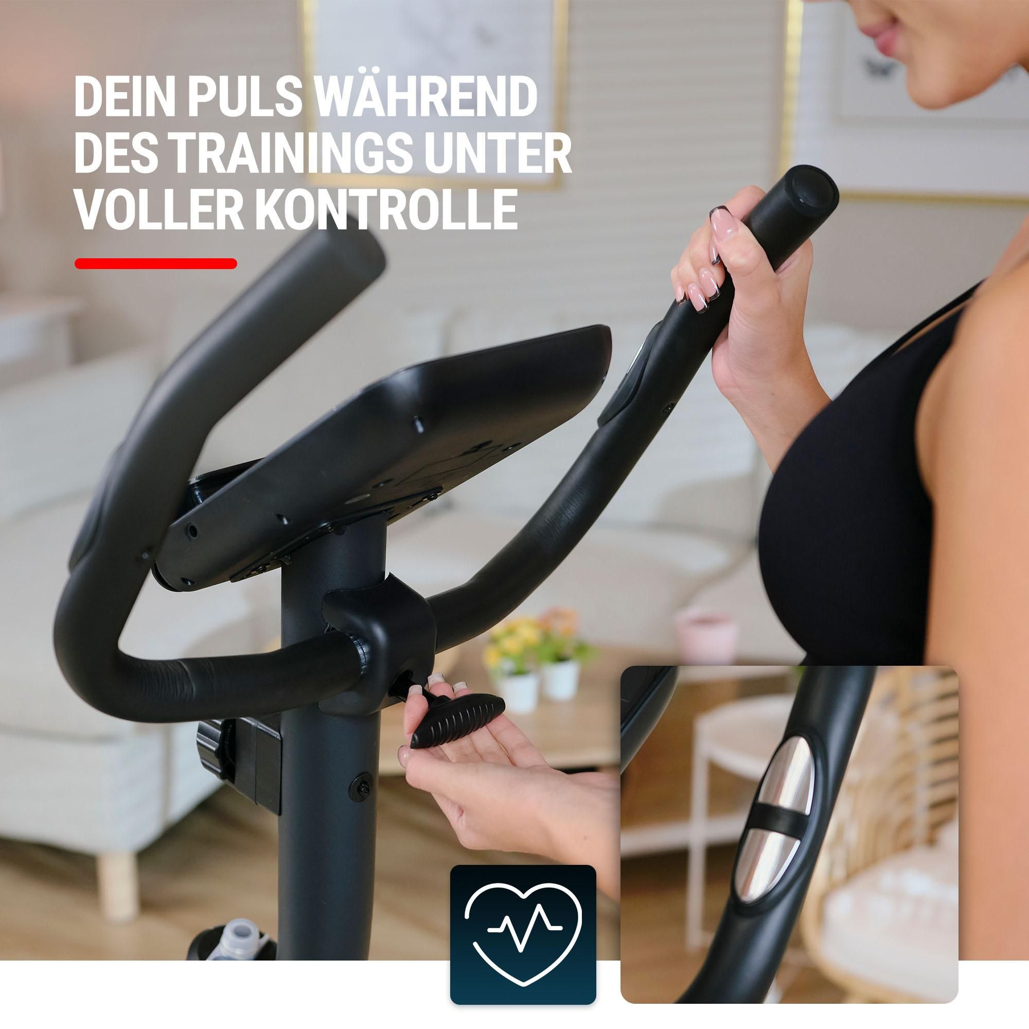 Hop-Sport Heimtrainer Fahrrad Spark Silber für Zuhause magnetischer Hometrainer mit verstellbarem Sitz & Lenker, Pulssensoren, LCD-Display - bis 120kg