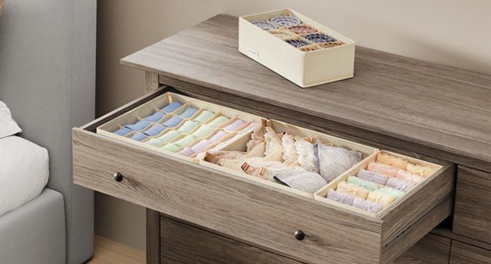 SONGMICS Unterwäsche-Organizer, Aufbewahrungsbox, 8er Set, faltbar, Beige