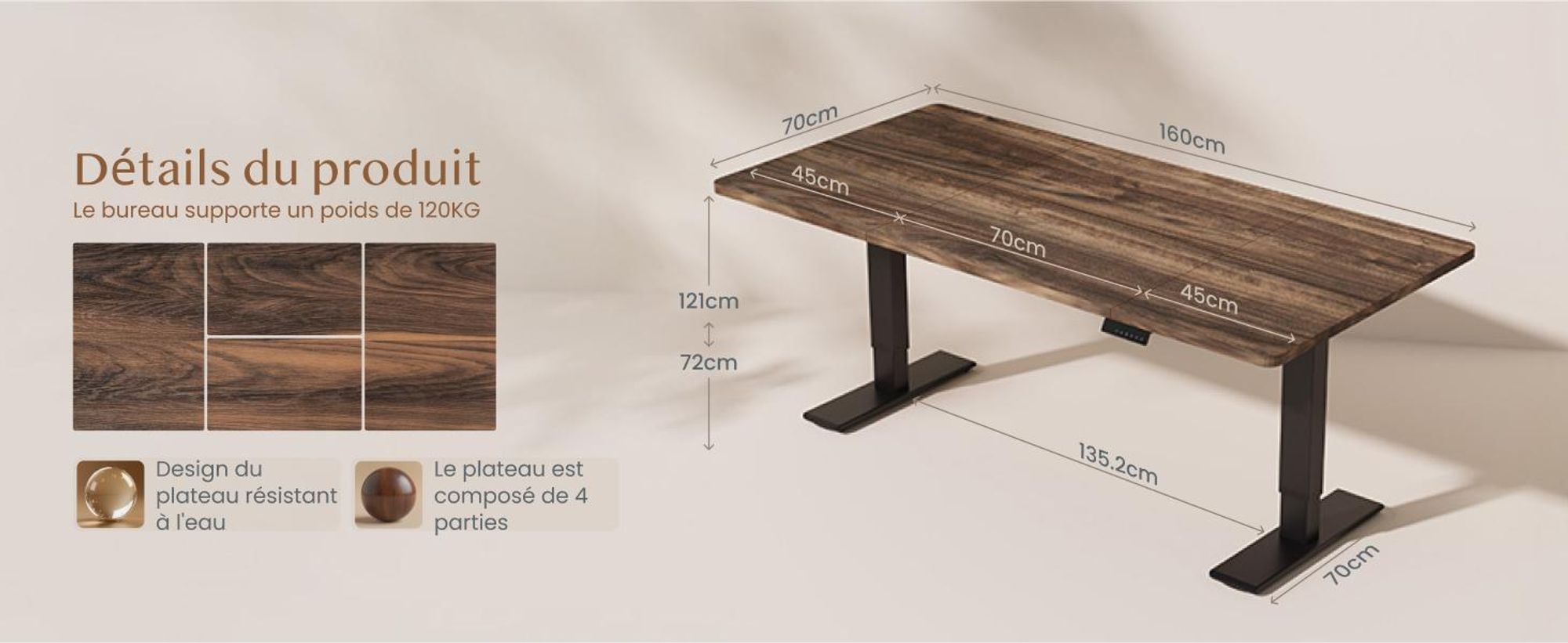 Bureau réglable en hauteur FLEXISPOT QB2 Électrique 160 x 70 cm, 2 MOTEURS PUISSANTS, capacité de charge 120 kg, protection anti-collision, 4 fonctions mémoire (marron)