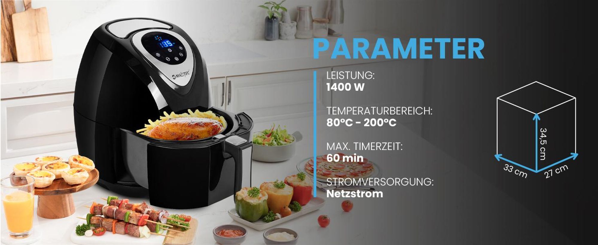 Moderne Heißluftfritteuse AirFrayer mit LCD und spülmaschinenfest