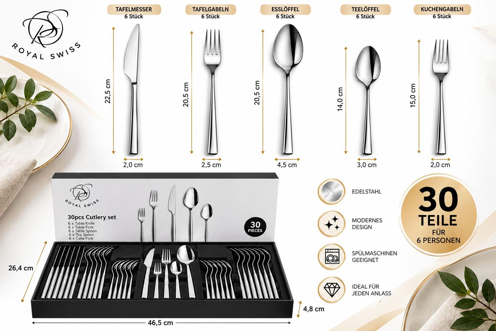 Royal Swiss Besteckset 30-teilig für 6 Personen – Maße & Lieferumfang Edelstahlbesteck