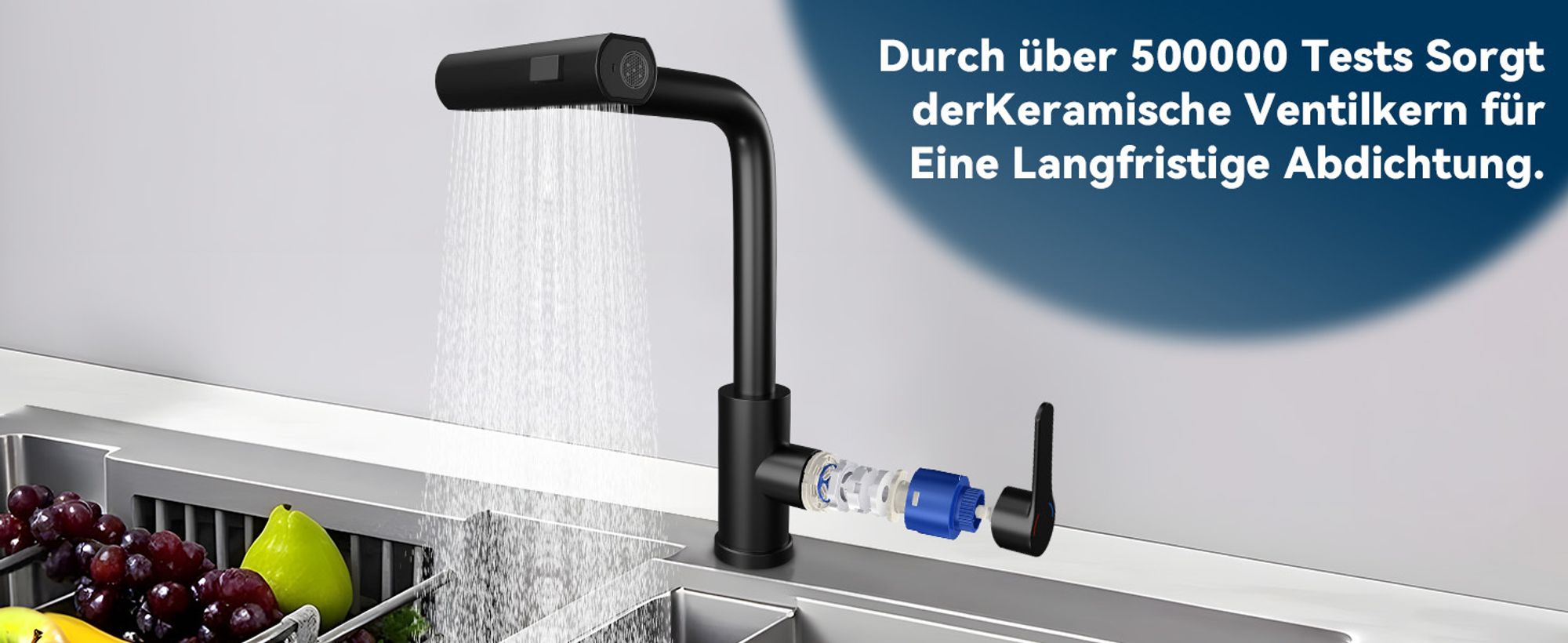 ZMH Wasserhahn Küche Küchenarmatur Schwarz Waterfall Spültischarmatur Ausziehbar mit Brause Mischbatterie Spüle 360° Drehbar Armatur Edelstahl mit 3 Strahlarten Küchenwasserhahn