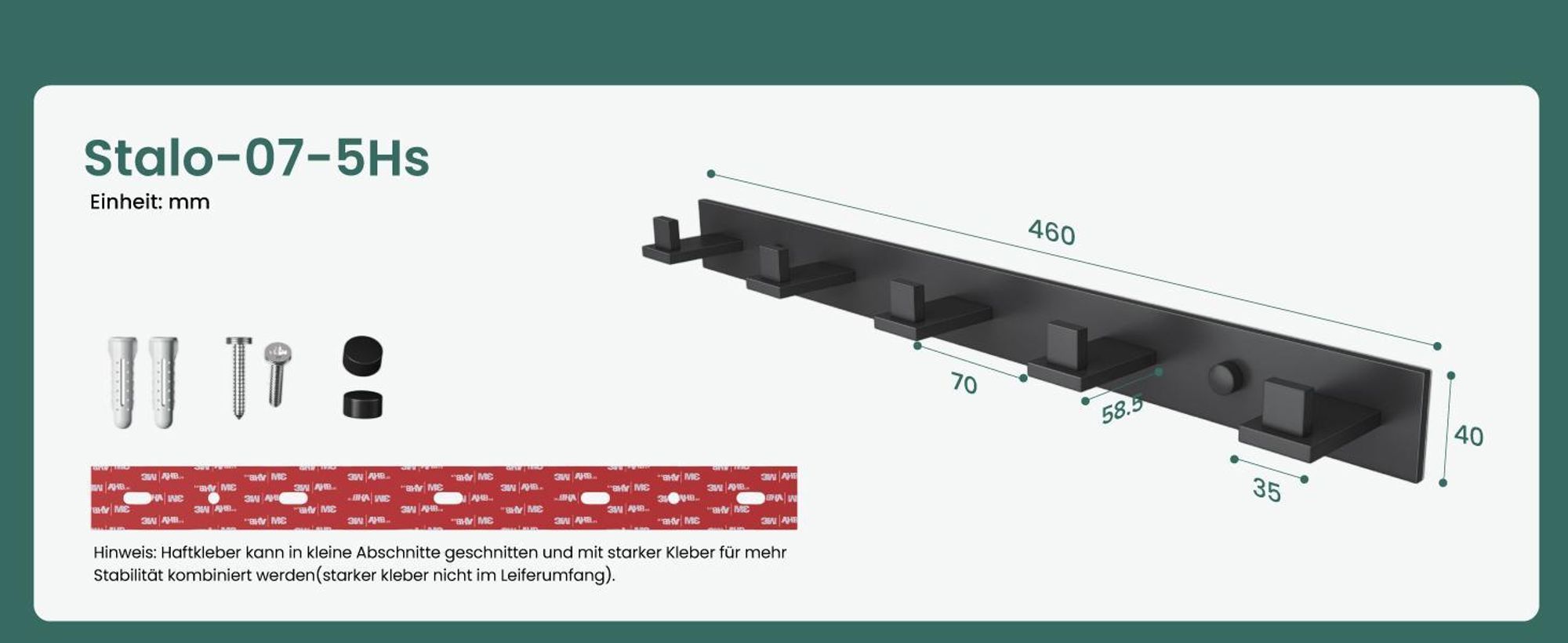 Mai & Mai Kleiderhaken Wandgarderobe Wandhaken aus Edelstahl mit 5 Haken Garderobenleiste Garderobenhaken 46cm Matt weiß Stalo-07