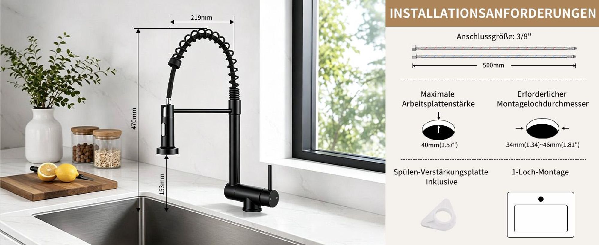 Homelody Vorfenster Küchenarmatur Klappbar, 90° Faltbar 360° Drehbare Hochdruck Edelstahl Wasserhahn Küche mit Brause Ausziehbar 2 Strahlarten Schwarz