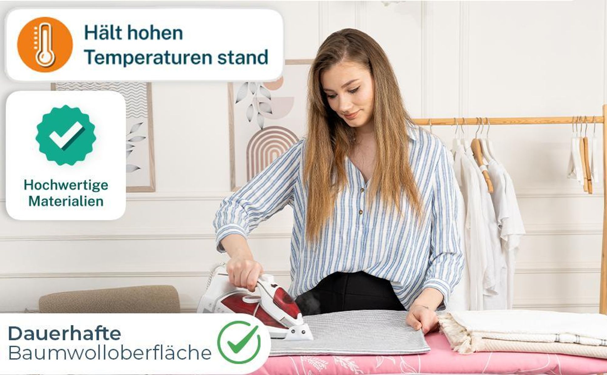 Silva Bügelbrettbezug für Dampfbügelstation | 100% aus Baumwolle und 5 mm Filzstärke | Bügeltischbezug für schnelles und leichtes Bügeln | XL , Rosa