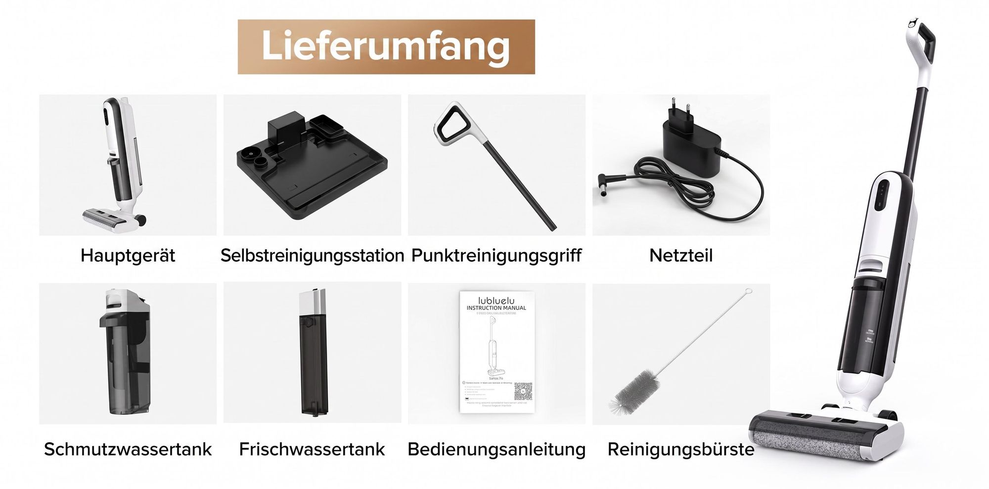 Lubluelu T6 Akku Nass-Trockensauger 16kPa, 1L Doppel-Wassertank, 33Min, Kantenreinigungsbürste, Automatische Selbstreinigung, Hartboden & Tierhaare