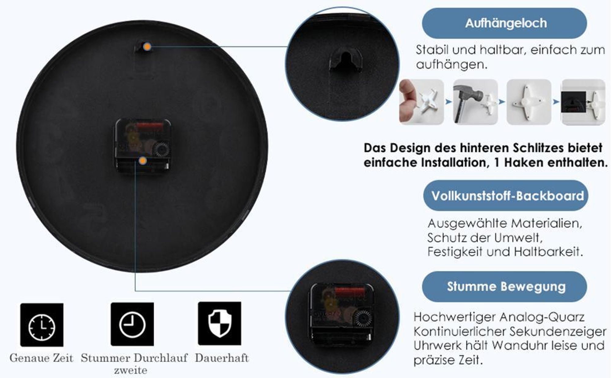 Wanduhr, Wanduhren, Küchenuhr, 3D Ziffern 30cm Lautlos Wanduhr, Ohne Tickgeräusche, für Wohnzimmer Büro Küche