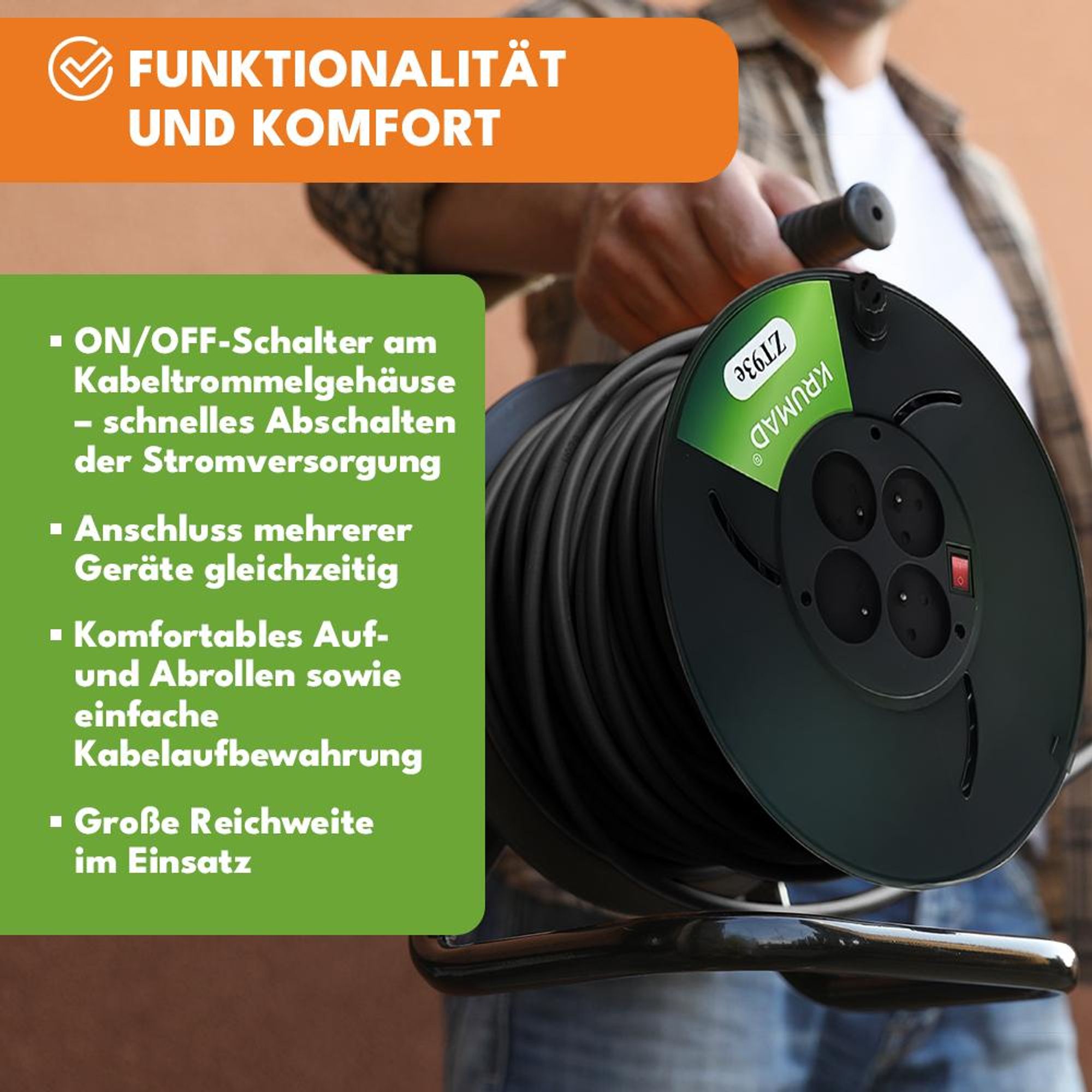KRUMAD Kabeltrommel 50m mit 4 Schutzkontaktsteckdosen, 2000W max, robust & wetterfest für Außen, Werkstatt & Baustellen, 3x1mm², Schwarz