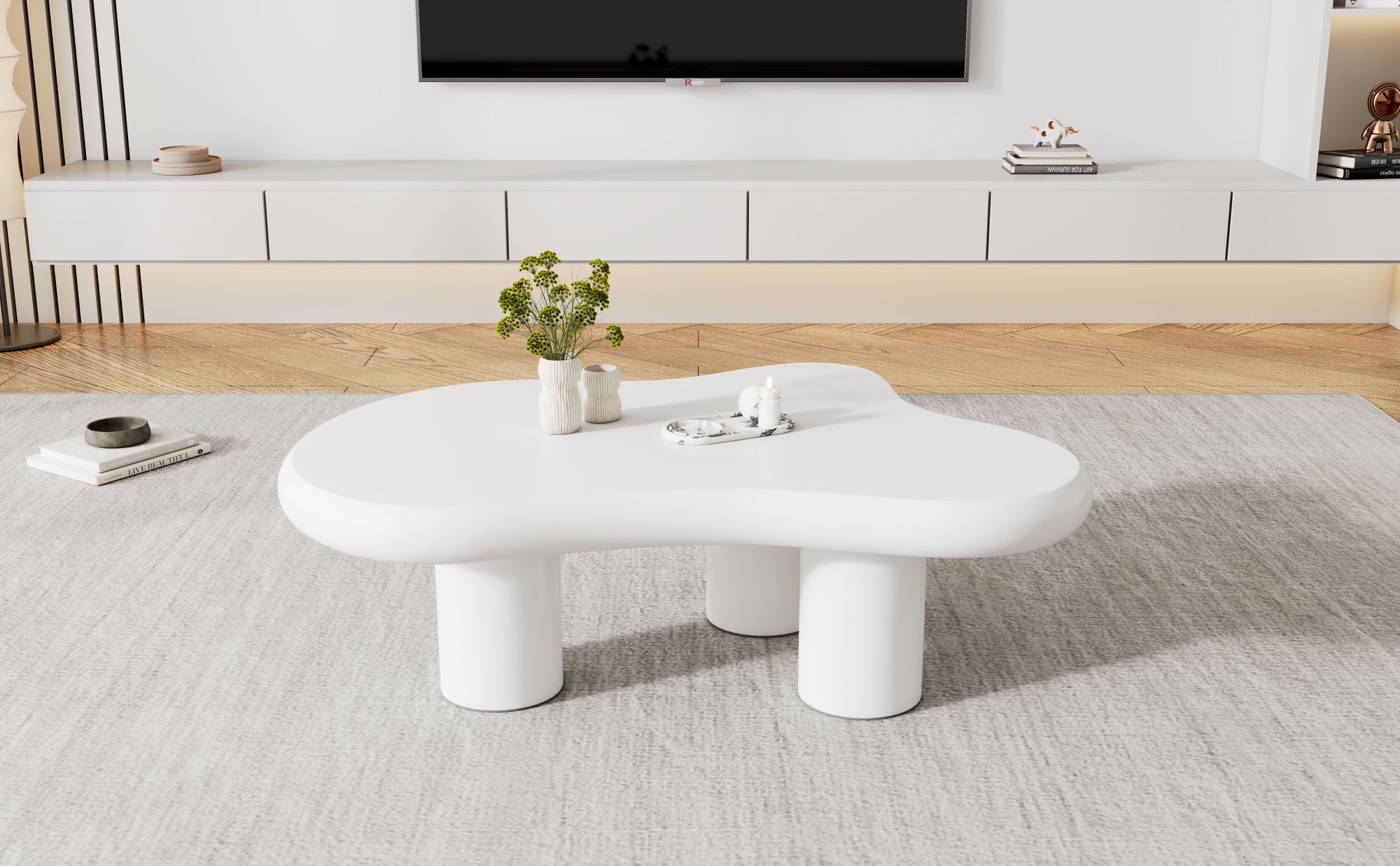 okwish Couchtisch in Wolkenform, Beistelltisch für Schlafzimmer, Wohnzimmertische, 97cm Länge, 67cm Breite, 32cm Höhe, MDF mit Filzunterlagen, lackierte Oberfläche, Weiß