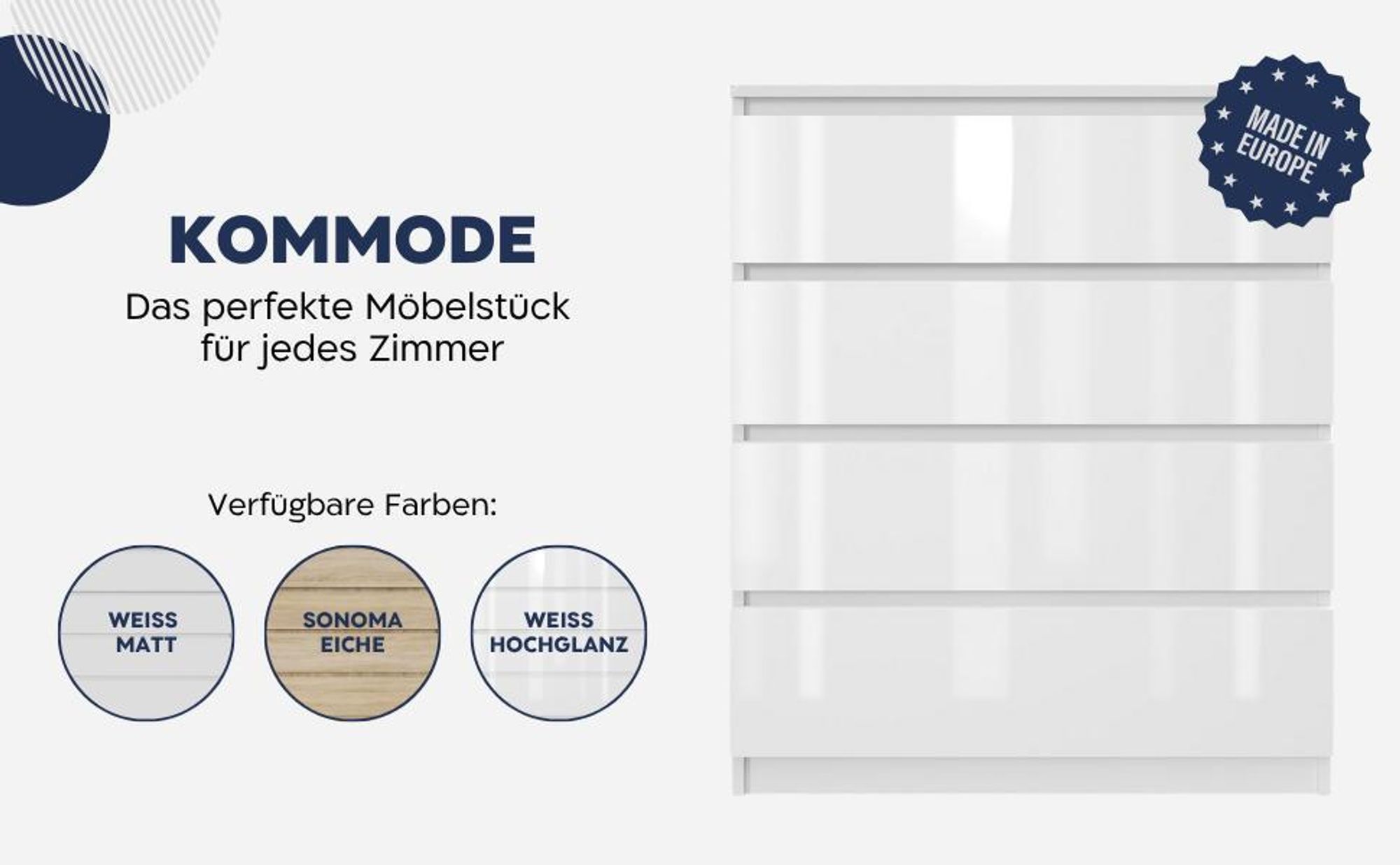 Kommode AVEN 90cm, Schrank 3 Schubladen, weiß lackiert,  Wohnzimmer, Schlafzimmer