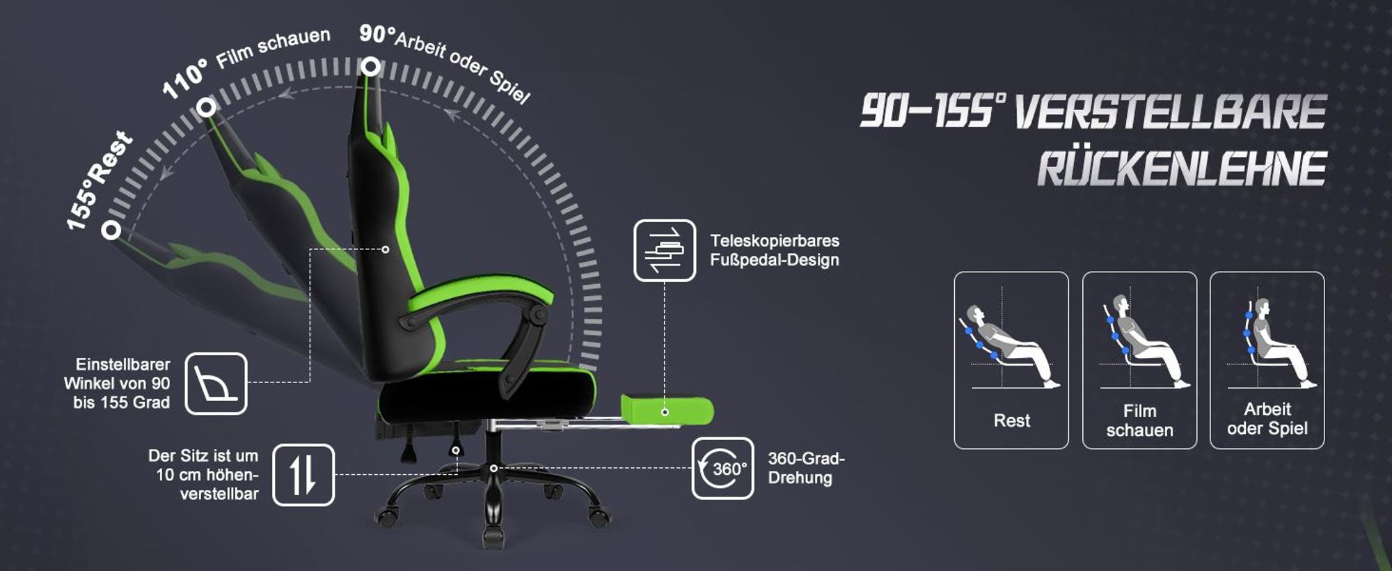 Adormii Gaming Stuhl, Ergonomischer Gaming Sessel, Schreibtischstuhl, Gamingstuhl mit Fußstütze, verstellbare Rückenlehne, Gaming stuhl 150 kg