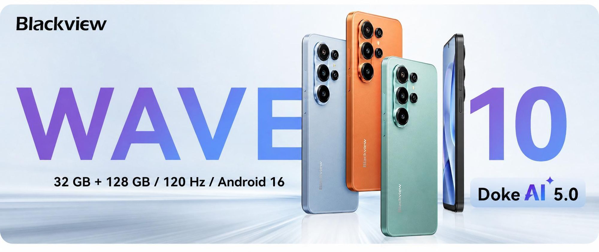 Smartphone Blackview WAVE 10 bez smlouvy, Android 16, 32+128 GB, Dual SIM, 120 Hz, 6,88", 32 MP, živé fotografie, 5000 mAh, Face ID, Wi-Fi 5G, Doke OS 5.0