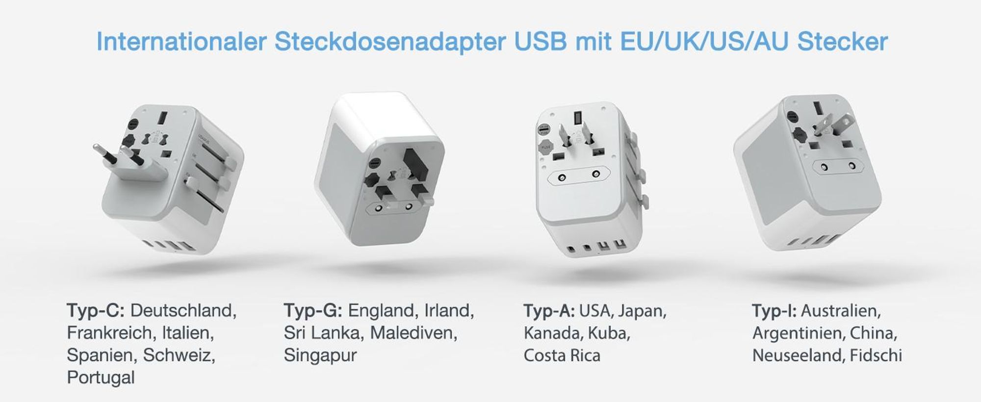 Reiseadapter Weltweit Reisestecker Adapter Weltweit mit 2 USB A und 2 USB C Universal Travel Adapter für DE USA UK AU