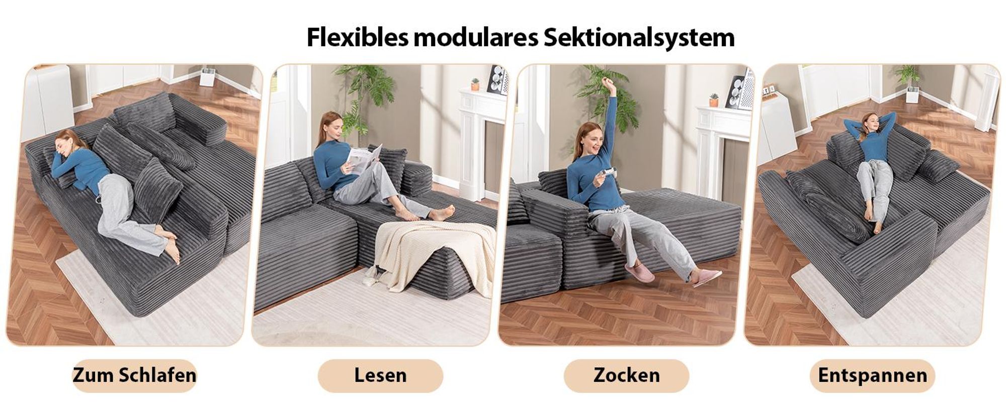 COMHOMASofa Big-Sofa, L-förmige Sofa, Couch Ecksofa, Chaiselongue Schlafsofa mit tiefer Sitzfläche und breiten Armlehnen, Cordstoff dunkelgrau-L