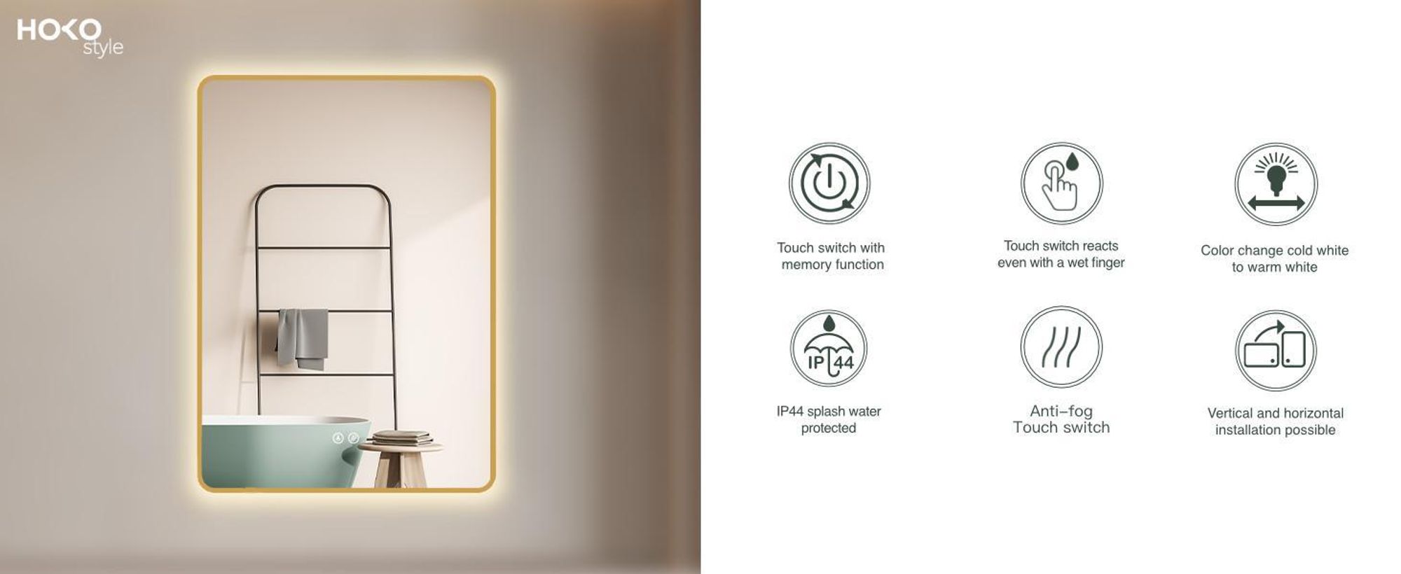 HOKO specchio da bagno antiappannamento LED 60x80cm con cornice HIGH+QUER montaggio interruttore a sfioramento+cambio luce bianco caldo-bianco freddo-neutro interruttore a parete commutabile