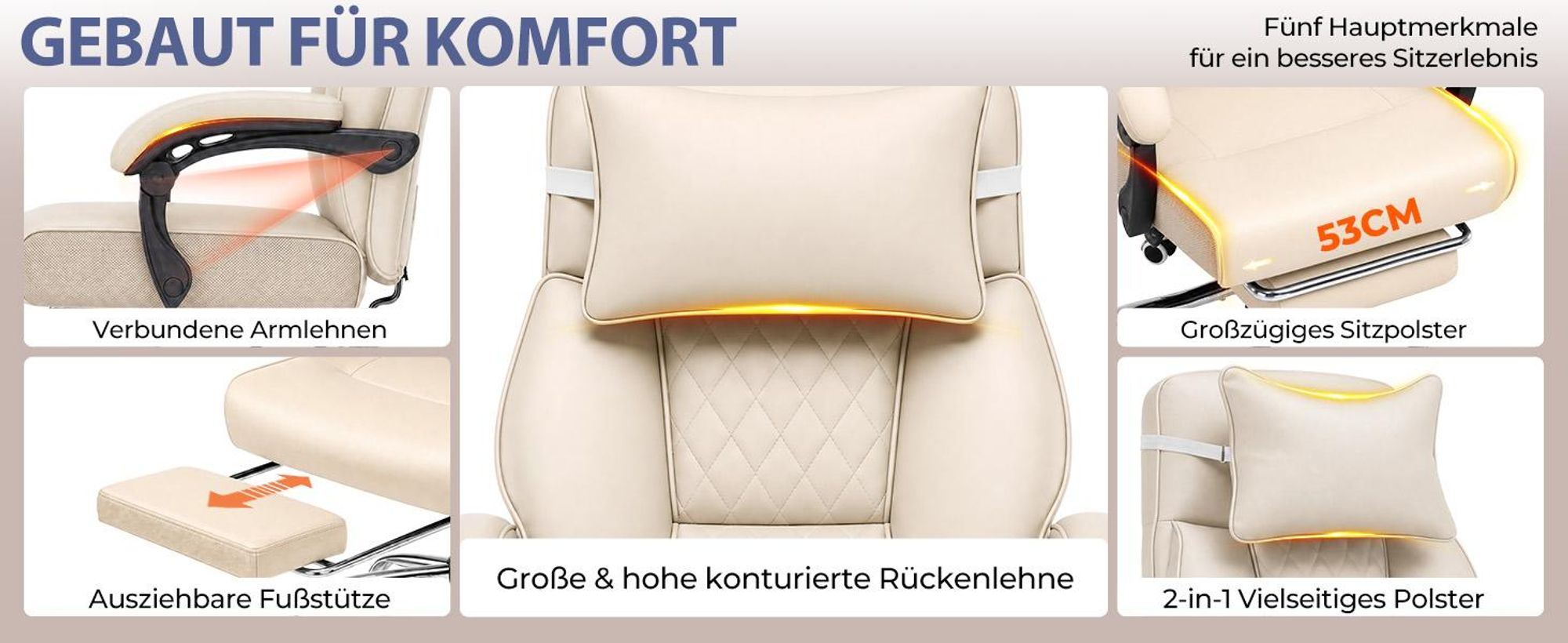 GTPLAYER Gaming Stuhl mit Fußstütze, Multifunktionaler, Kunstleder, 130kg Ergonomischer Bürostuhl mit Kopfkissen, 90°-135° Rückenlehne, 53 cm Sitz