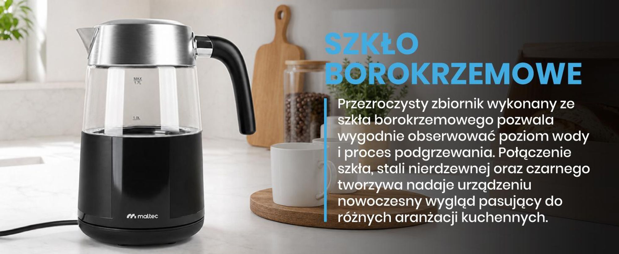 Szklany czajnik elektryczny o pojemności 1700ml i mocy 2200W z funkcją trzymania temperatury