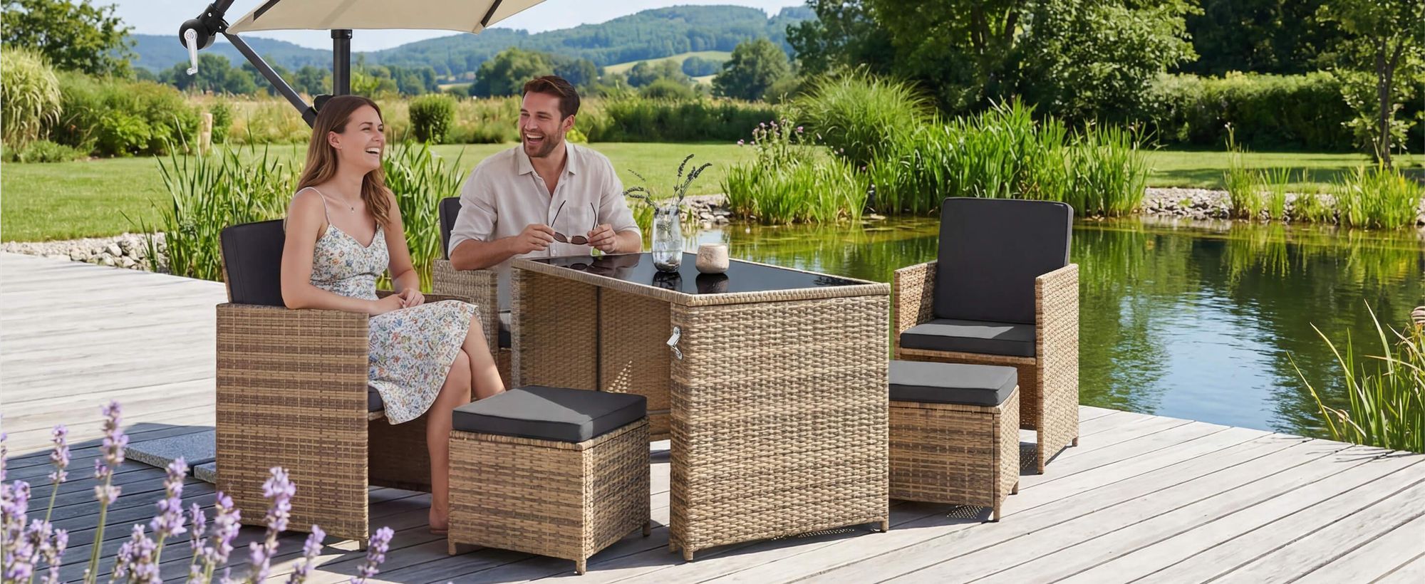 tectake® Ampelschirm Artemis 3,5 x 3,5 m, 360° drehbar mit Doppeldach