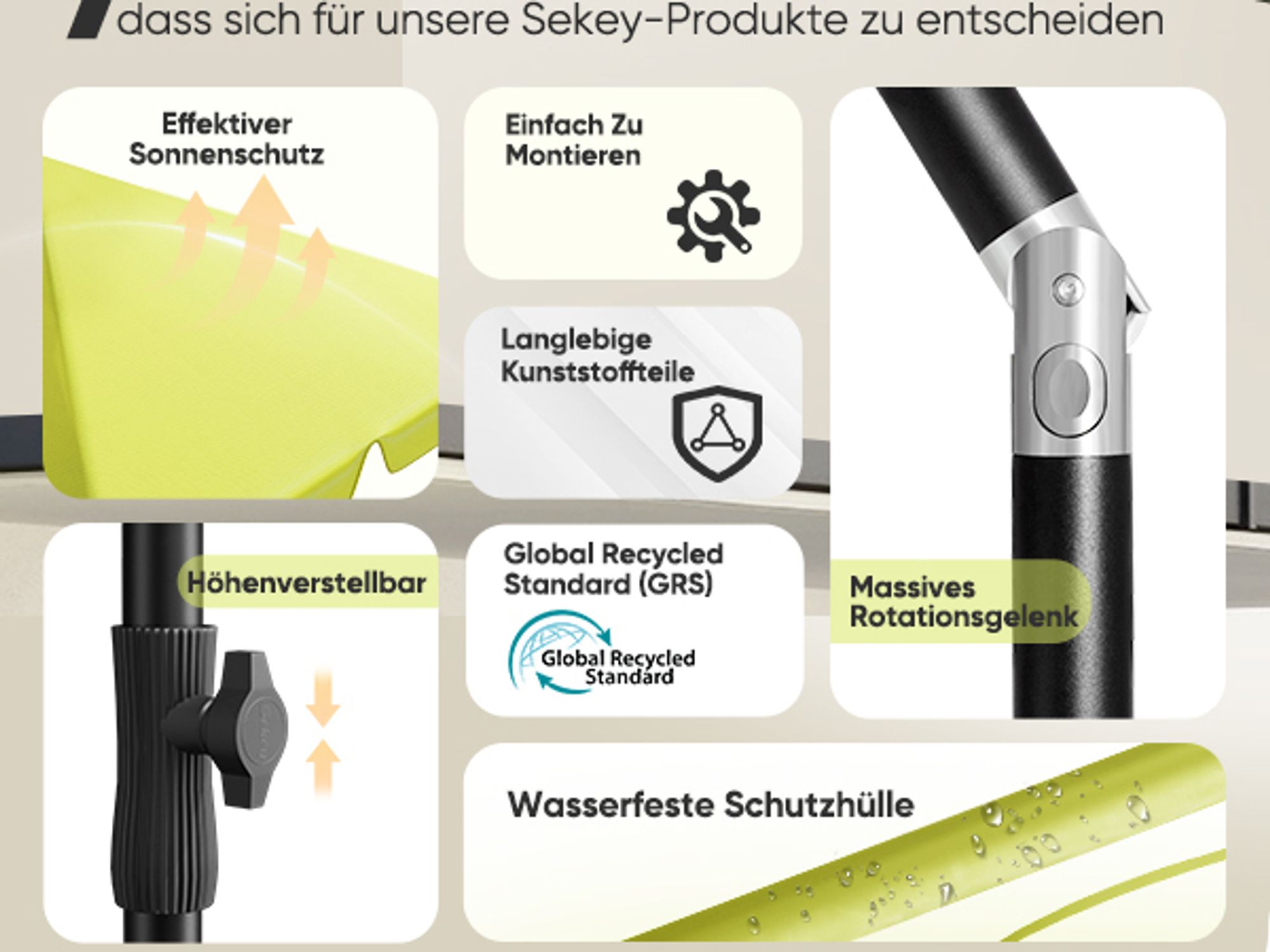 Sekey Sonnenschirm Balkon Rechteckig 200×125 cm Balkonschirm mit Tragetasche Neigungswinkel & Höhe verstellbar Sonnenschutz UPF 50+, Apfelgrün