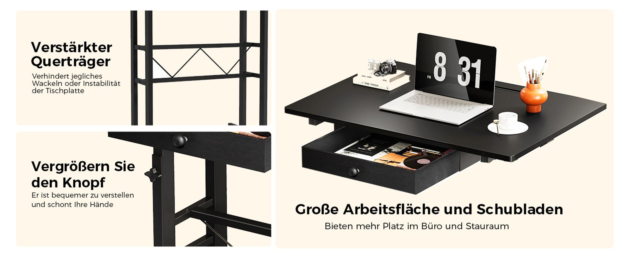 GTPLAYER Höhenverstellbarer Schreibtisch, Computertisch Laptoptisch mit Schubladen,Tisch höhenverstellbar 80 * 50*(73-115) cm Standing Desk mit Rollen
