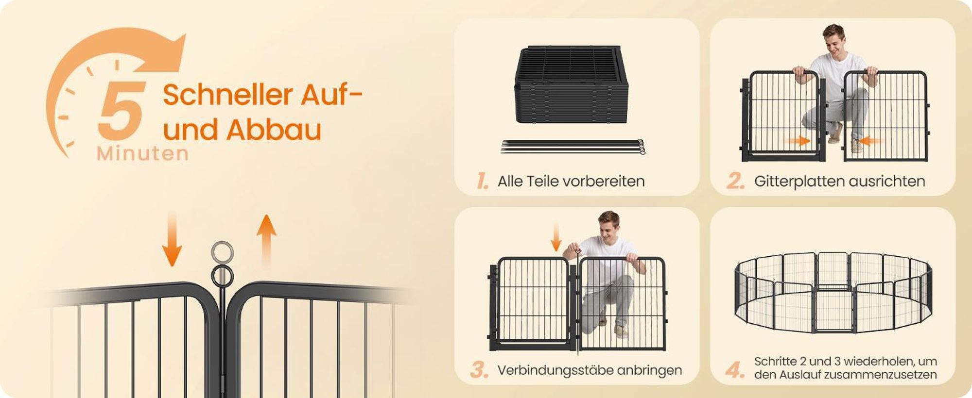 FEANDREA Flexibles Freigehege aus Rostfreiem Metall mit Tür, für Indoor und Outdoor, 170 x 170 x 100 cm, Schwarz