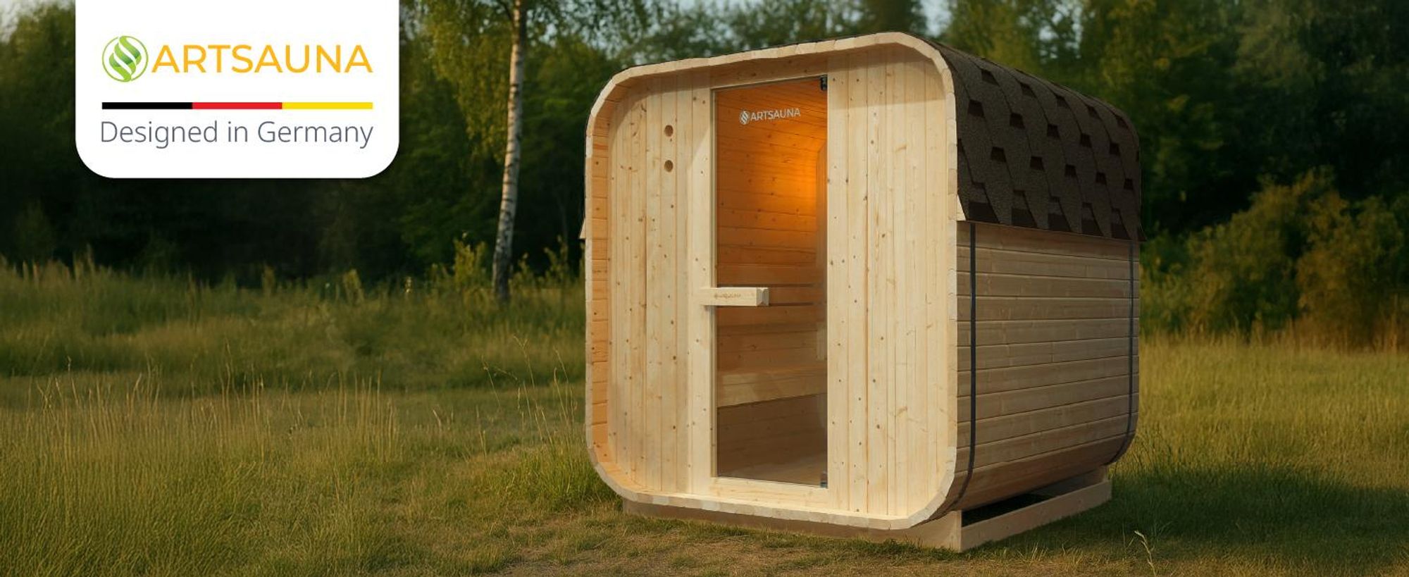 Artsauna Cube Fasssauna Fjora L für 6 Personen, mit 9kW Ofen, Glasfront & Zubehör