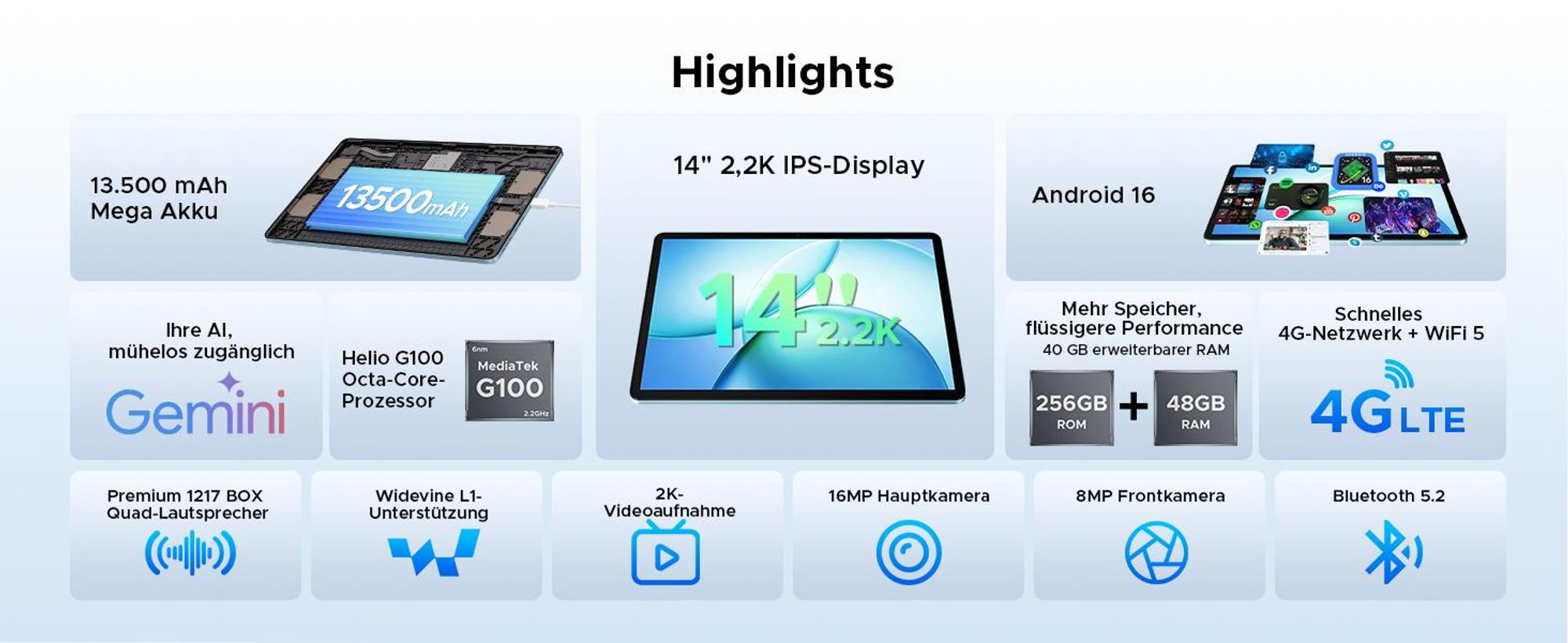 DOOGEE Tab E3 Max VIP Tablet Android 16, 14 Zoll 2,2K, 48GB(8+40)+256GB, 13500mAh/18W,4G LTE,Widevine L1, inkl. Tastatur, Maus, Hülle, Stift