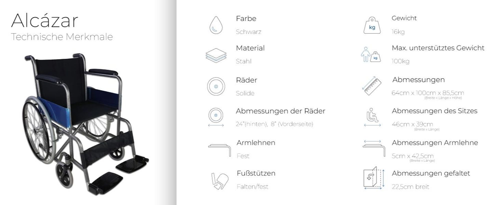 Rollstuhl faltbar Mobiclinic selbstfahrend Feststellbremse Sitz 46cm gepolsterte Armlehnen stabil geölte Räder schwarz Alcázar