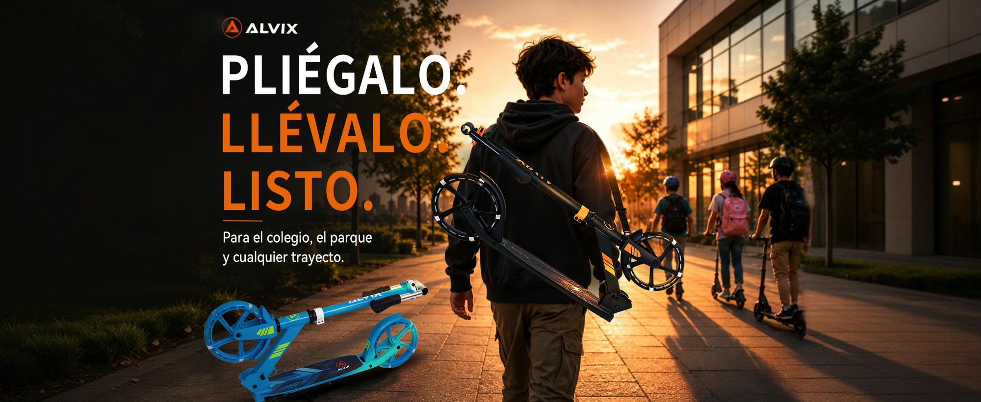 Patinete infantil ALVIX con freno de mano y ruedas LED, ajustable en altura, plegable, apto para niños a partir de 6 años, con ruedas de 200 mm, plataforma ancha, correa para transporte, capacidad máxima de 100 kg - Azul