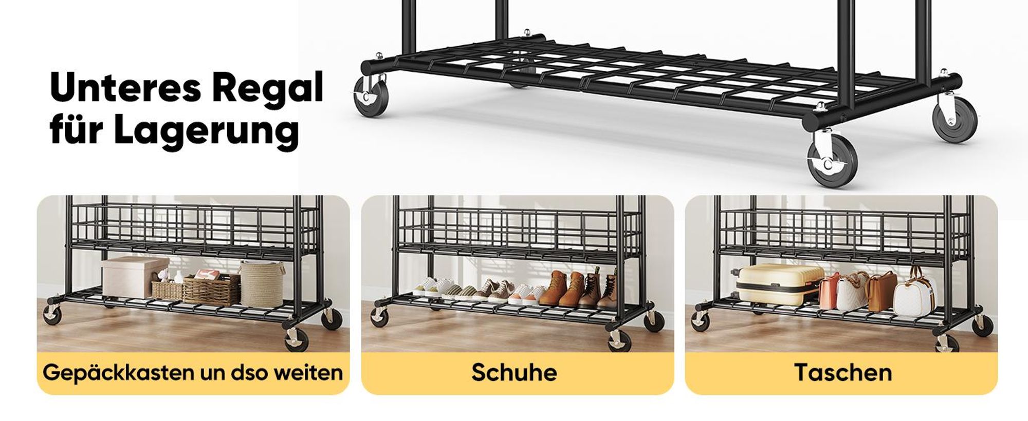 HOKEEPER Schwerlast Kleiderständer auf Rollen, Doppelter Kleiderstange,bis 283 kg belastbar (D004K)