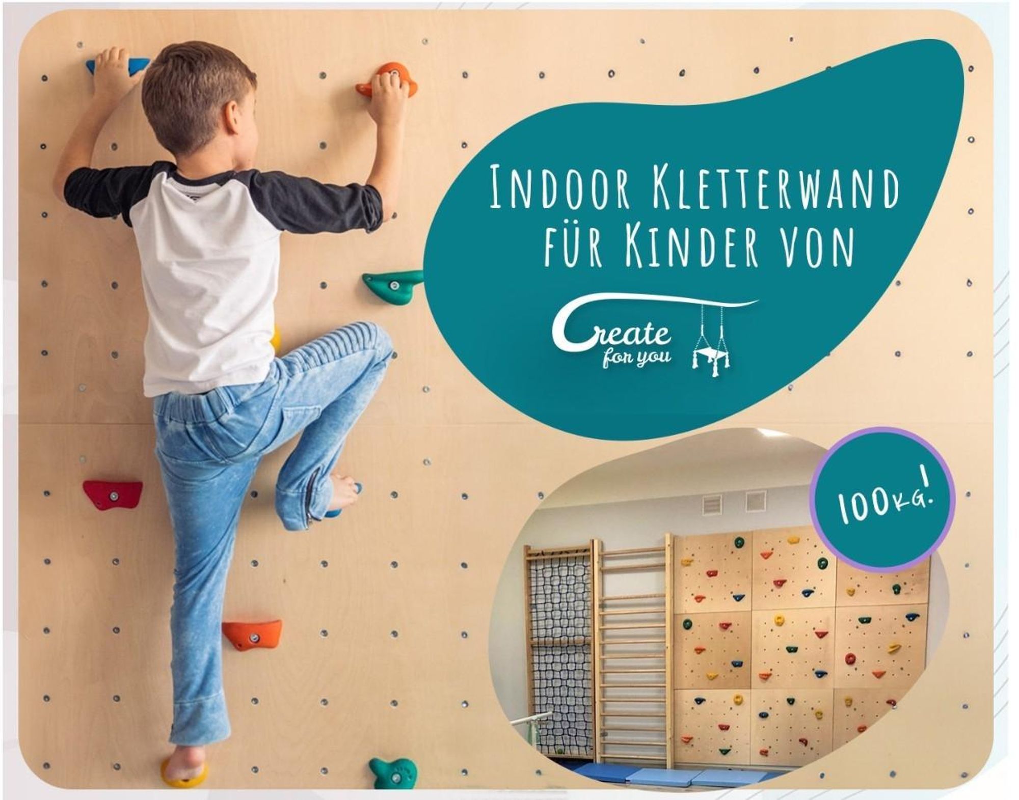 Create for you® - Kletterwand Kinderzimmer + 30 Klettersteine, Indoor, 150x225cm