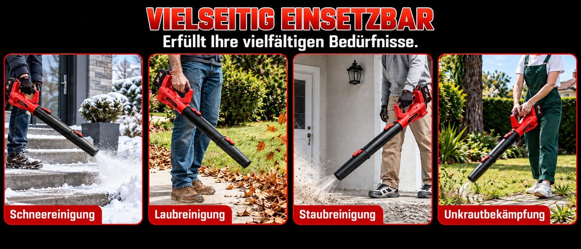1000W Akku-Laubbläser 21V Brushless, 2×4,0Ah Akkus, 360 km/h, 6 Stufen mit Turbo,  kabelloser Laubbläser mit 2 Rohren
