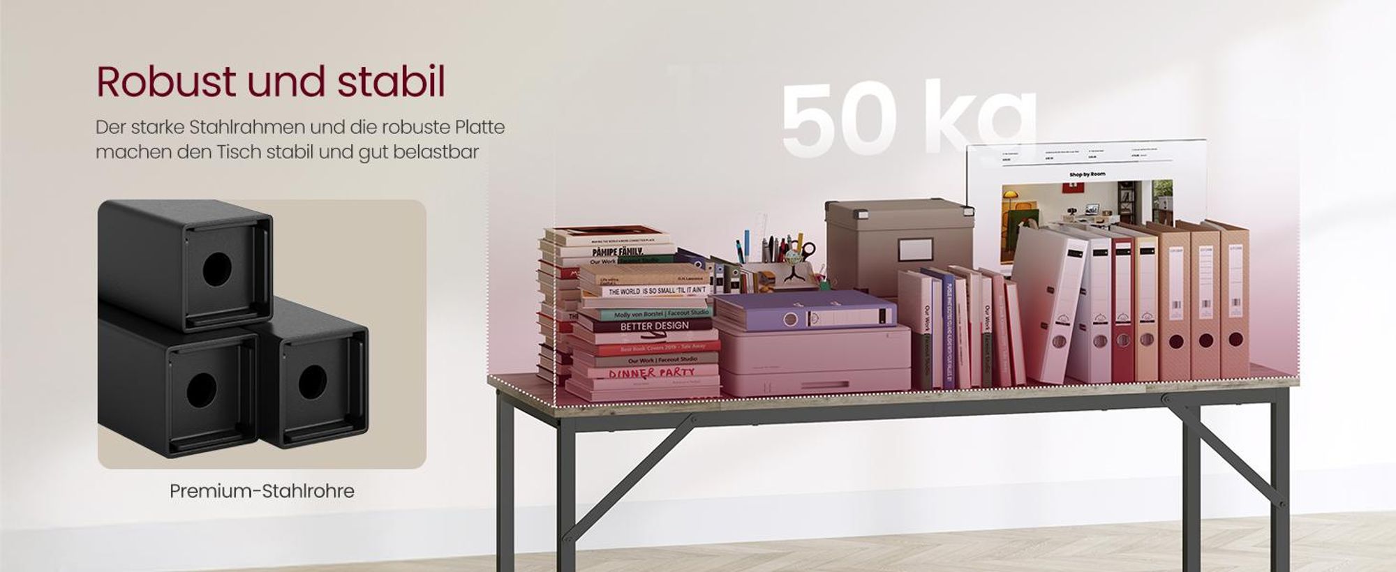 VASAGLE Schreibtisch, 140 x 50 x 76 cm, Computertisch, für Arbeitszimmer, Schlafzimmer, Wohnzimmer, greige-schwarz