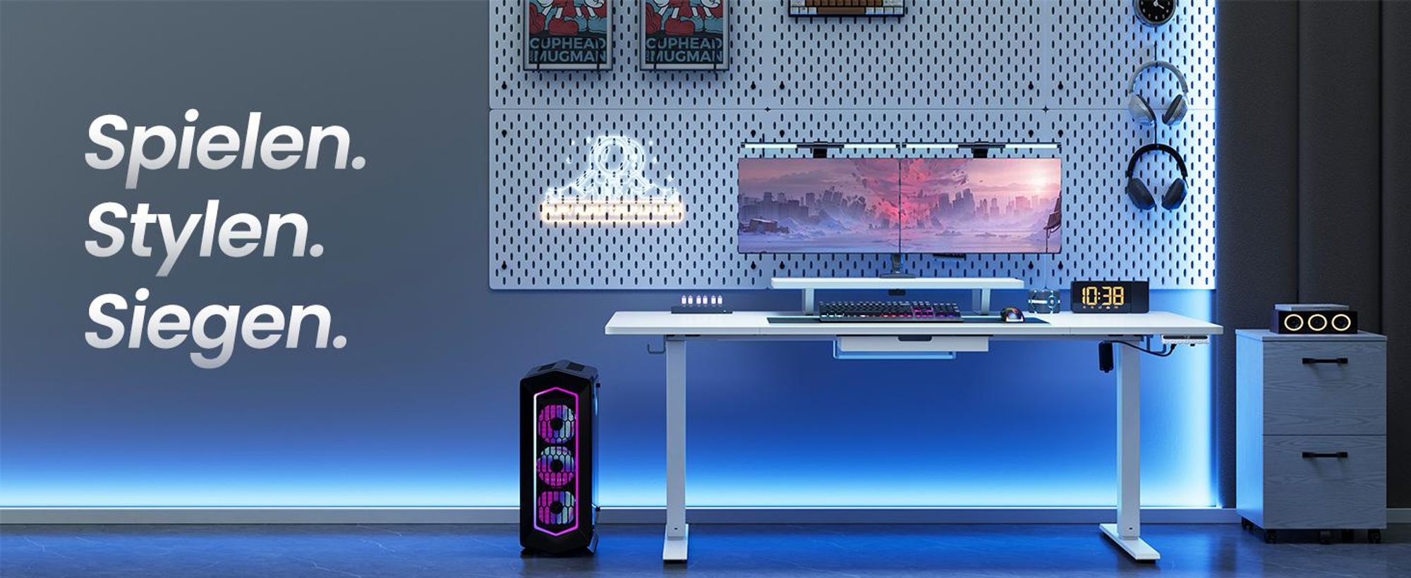 VASAGLE Höhenverstellbarer Schreibtisch, 140 cm, USB-C-Anschluss, Erinnerung bei langem Sitzen, flexibel montierbarer Monitorständer
