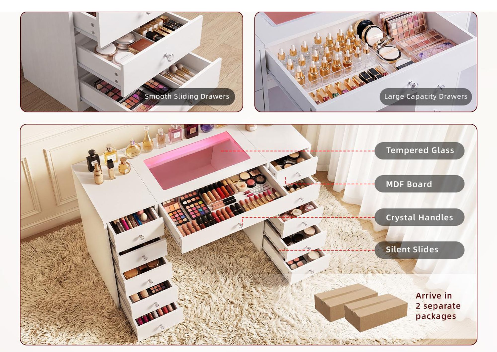 VANITII Coiffeuse avec éclairage LED Blanc 130 x 55 x 81 cm