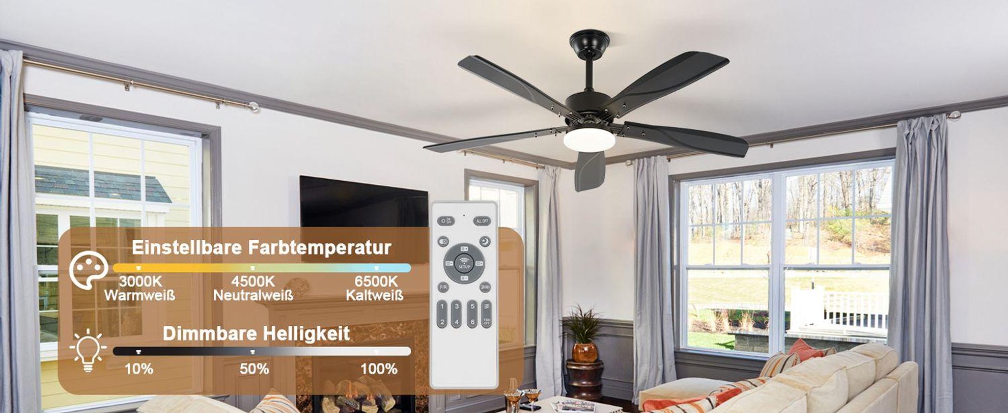 ZMH wentylator sufitowy LED ściemnialny 125CM wentylator sufitowy z oświetleniem Czarny 23W 6 prędkości z pilotem i czasomierzem do sypialni salonu