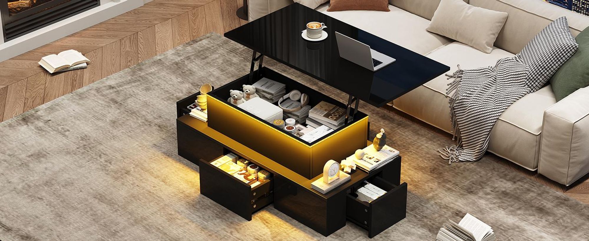 Anhebbarer Couchtisch mit LED und 4 Schubladen in Schwarz