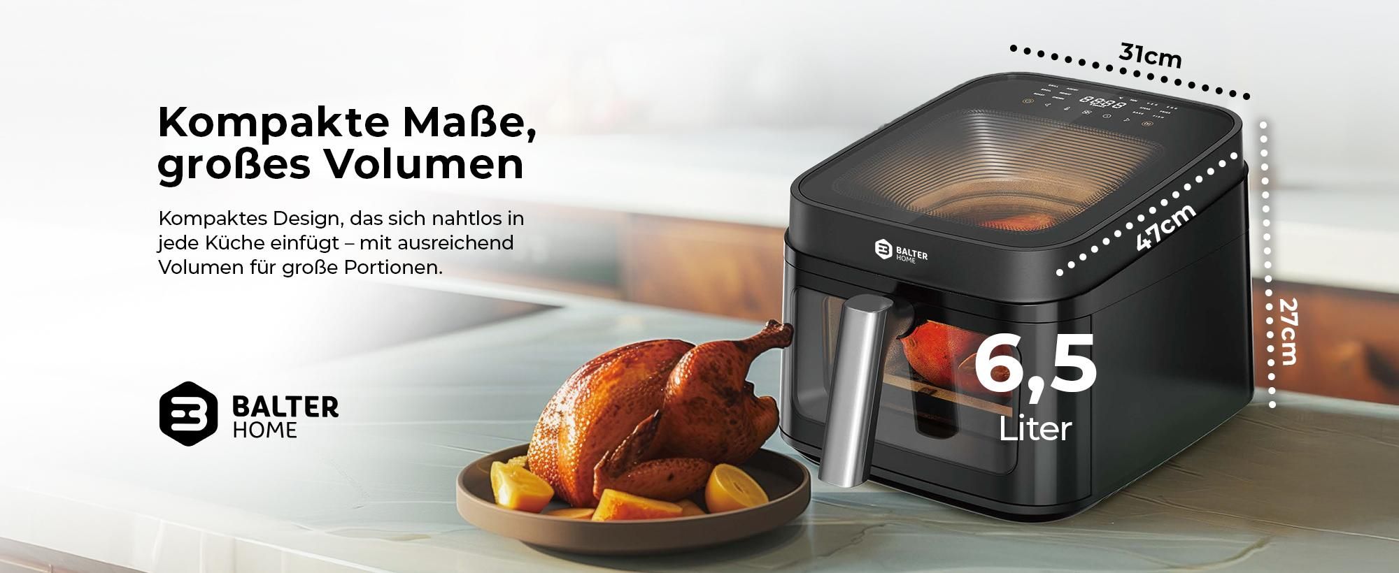 Balter Heißluftfritteuse XXL 6,5L mit Sichtfenster, 1700W, Airfryer, ohne Öl, 12 Programme, Touch-Bedienung, 100 Rezepte, Edelstahl, Schwarz