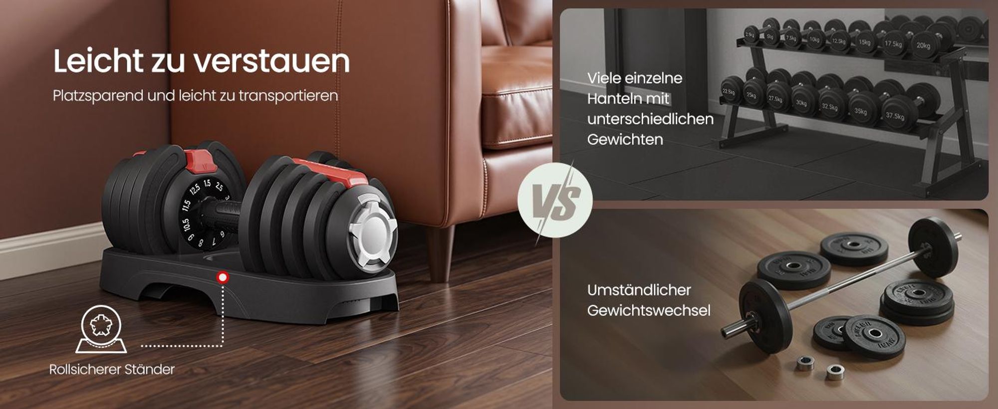 SONGMICS Kurzhanteln 2er set, verstellbar, 11-in-1, 1,5 kg bis 12,5 kg, mit Ständer, schwarz-rot