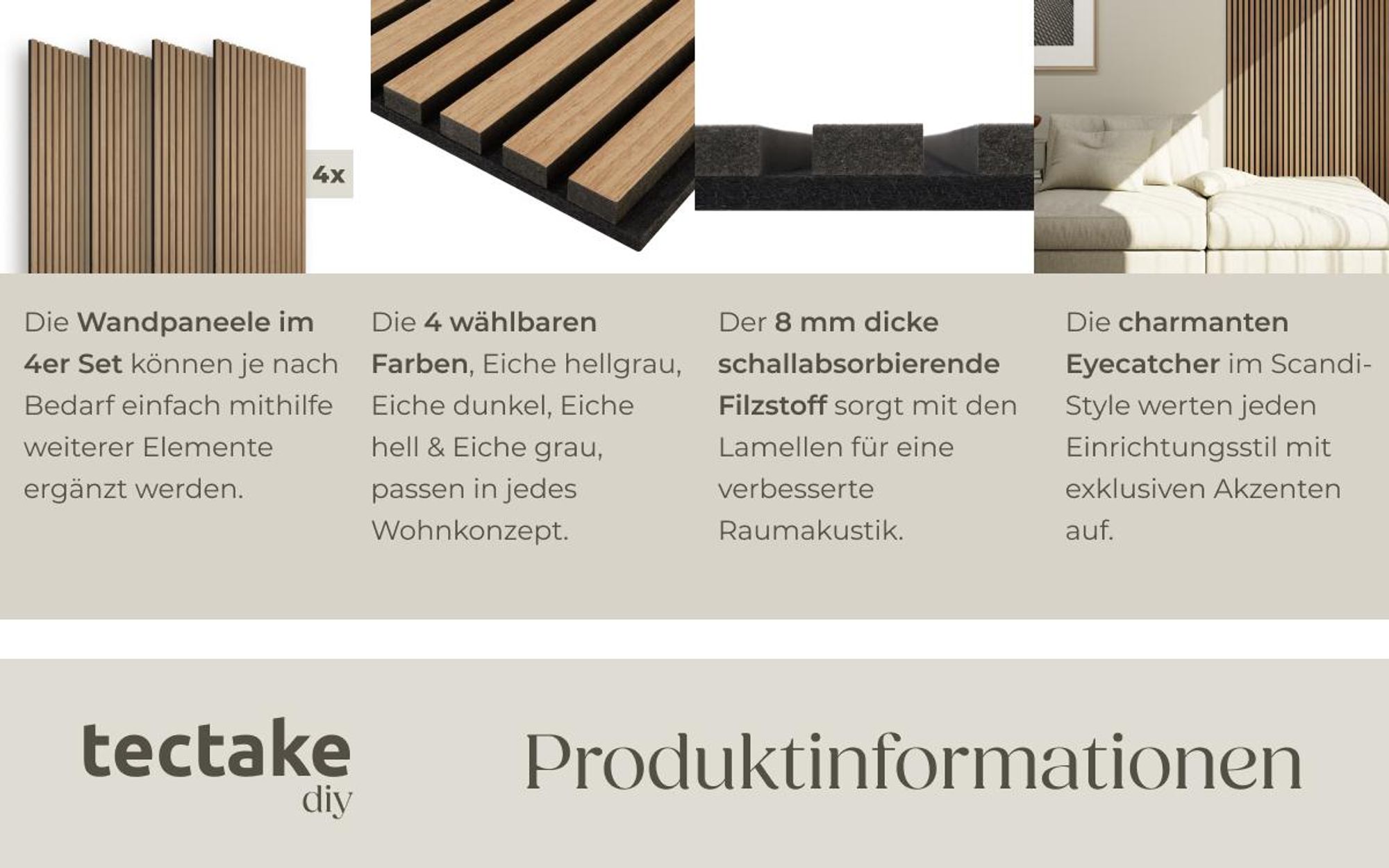 Akustikpaneele Hochwertiges MDF Echtholzfurnier Set - Schallabsorption Filzstoff Holzlamellen Scandi Stil - 120x60x2.1cm - 4 Paneele