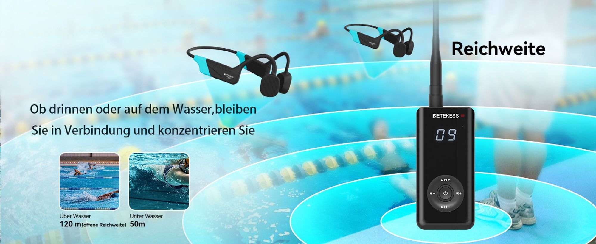 Retekess TT120 Schwimmtrainer-Kommunikator, IP68 Wasserdichte Schwimmkopfhörer, Knochenleitung, (1 Sender, 5 Empfänger)