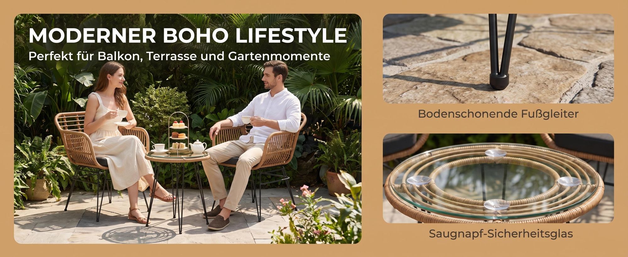 Polyrattan Balkonmöbel Set 3-teilig, Gartenmöbel, Glastisch & 2 Stühlen, wetterfest, UV-beständig, rostfrei, Terrasse