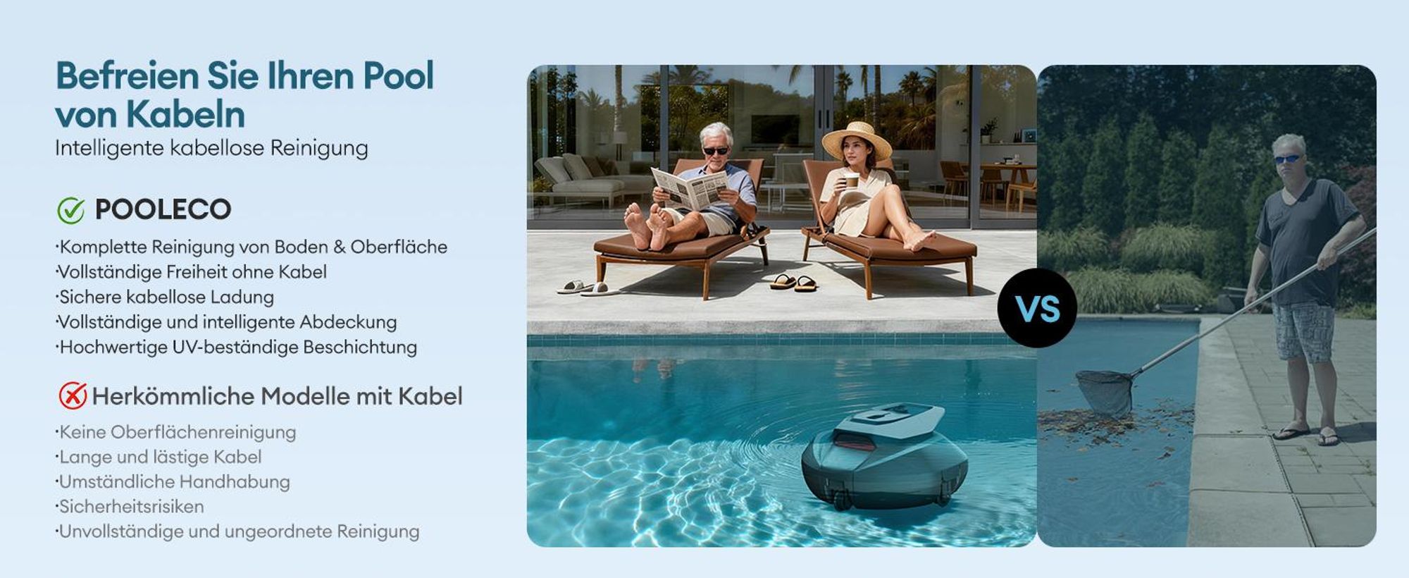 Ultenic Pooleco Poolroboter, Kabelloser Poolsauger Akku, 5200mAh, 90 Min, 2 Bürstenlose Motoren，Automatische Reinigung,2.5L Behälter,Selbstparker