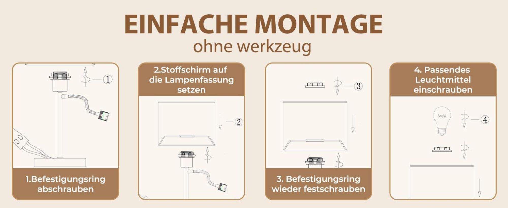 ZMH Tischlampe mit kabel Nachttischlampe 360°Schwenkbar Leselampe Stoffschirm E27 Tischleuchte mit separatem Schalter Nachttischleuchte für Wohnzimmer