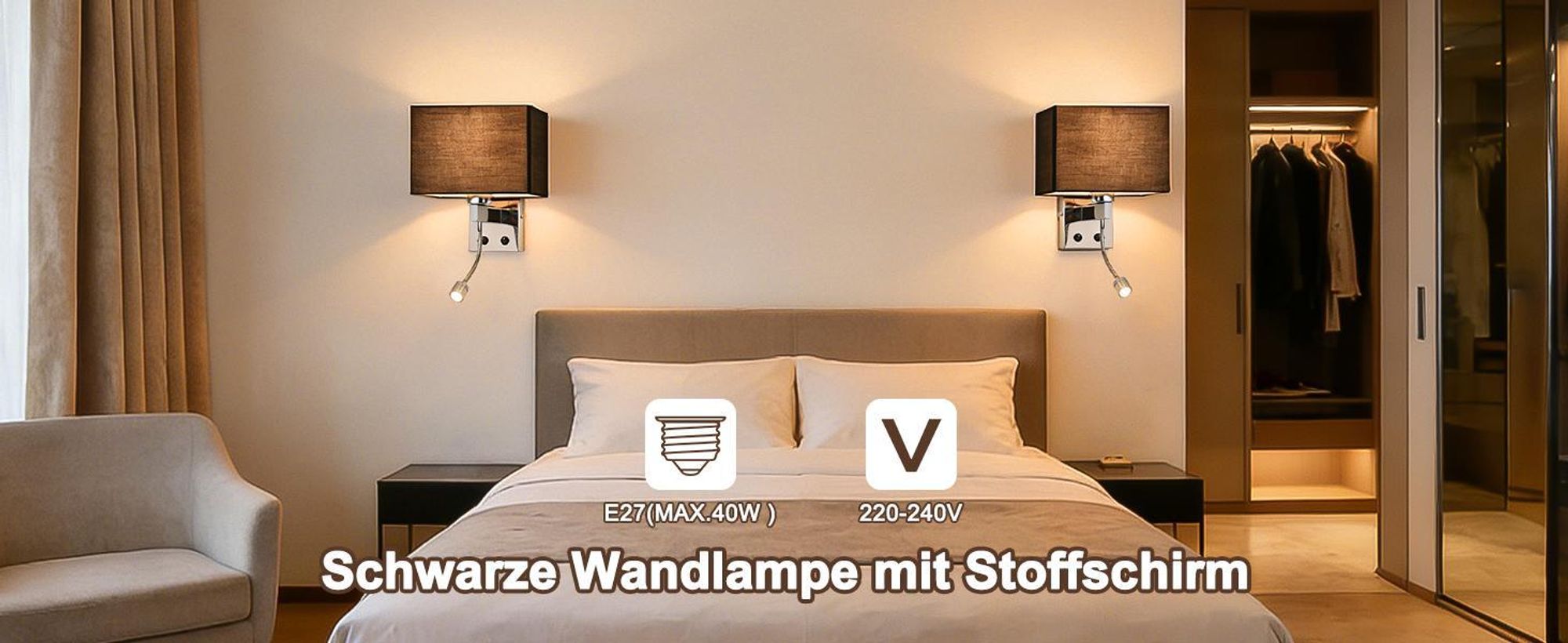 ZMH Applique da interno per camera da letto, lampada da parete, applique, nero, LED, orientabile a 360°, lampada da lettura, paralume in tessuto, attacco E27, illuminazione con interruttore, per hotel e corridoi