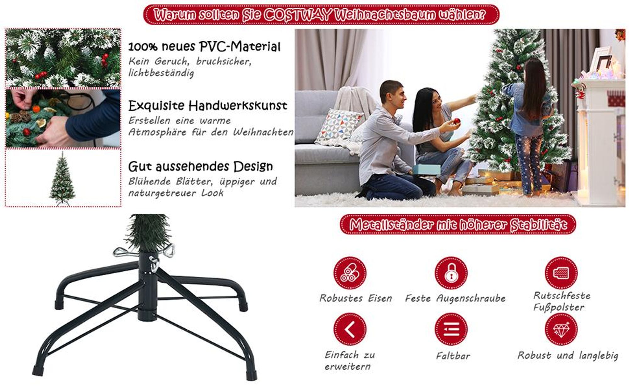COSTWAY 150cm Künstlicher Weihnachtsbaum mit roten Beeren, schneebedeckter Tannenbaum mit Metallständer, Christbaum PVC- und Tannennadeln, Kunstbaum Weihnachten Klappsystem